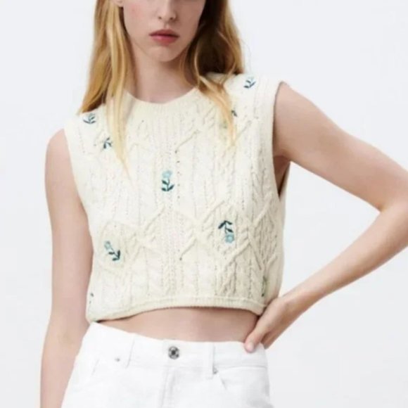 🍋Zara Knit Cropped Vest with Embroidered Flowers NWT - Picture 6 of 6